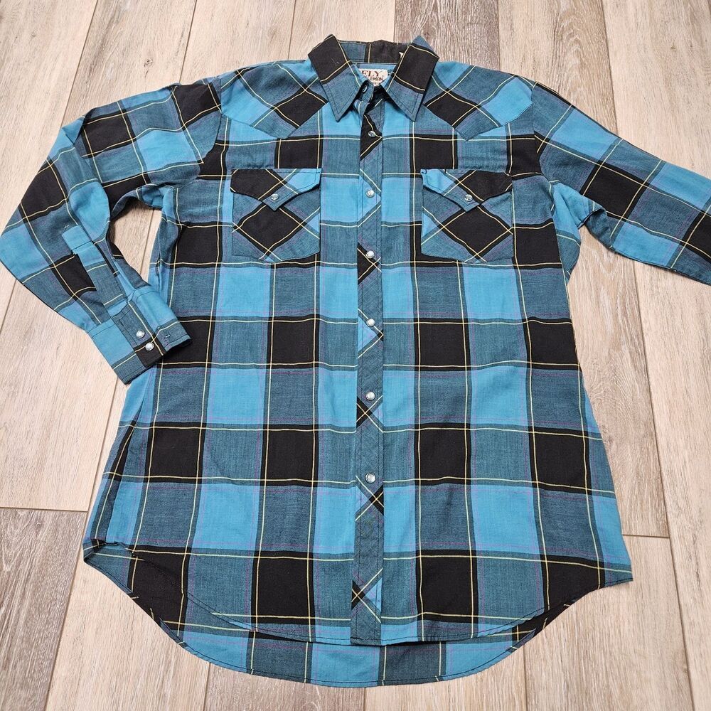 Ely Cattleman Vintage Pearl Snap Western Shirt Plaid Blue Men's Medium